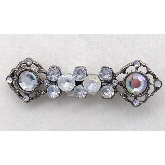 Aurora Borealis Clear Rhinestone Bar Brooch Pin Ornate Gunmetal Tone Vintage - Picture 2 of 12